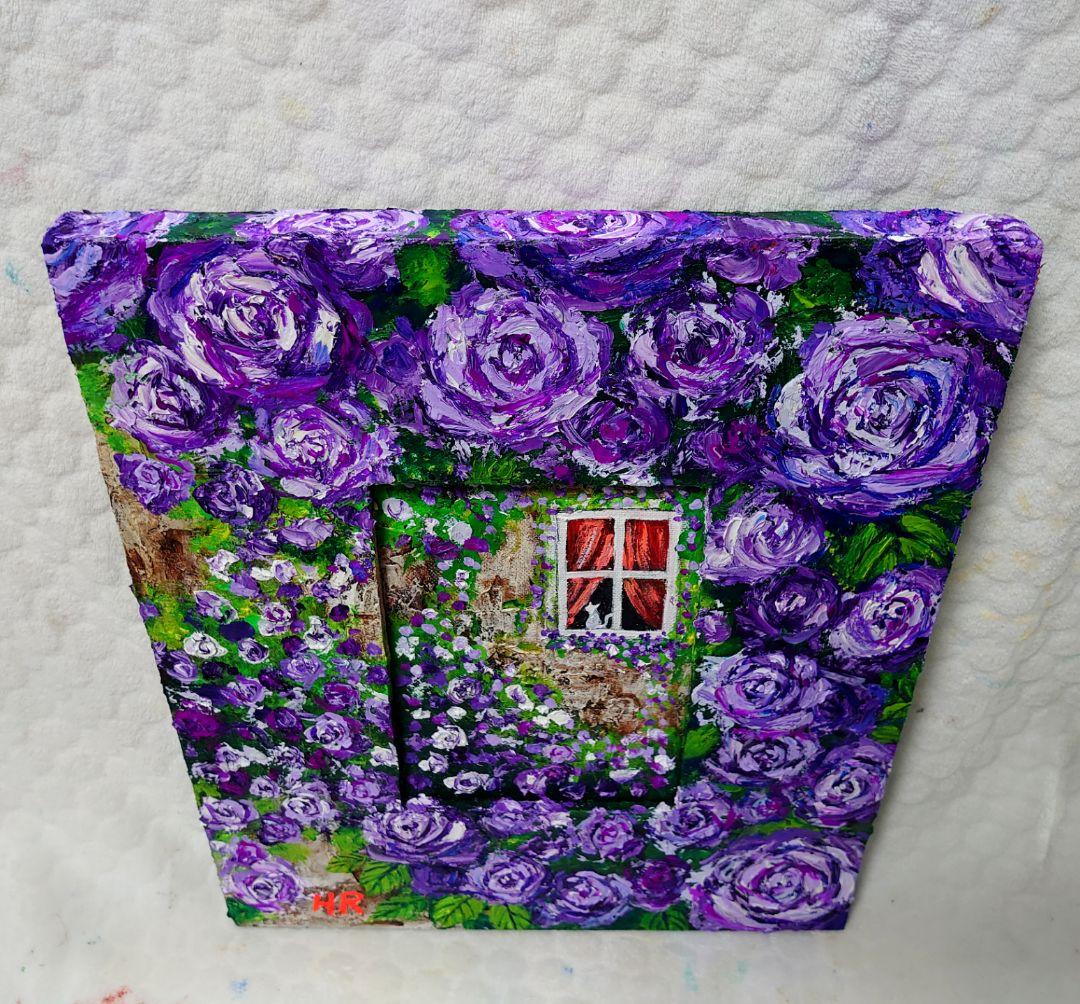 油絵 絵画【猫と紫の薔薇】