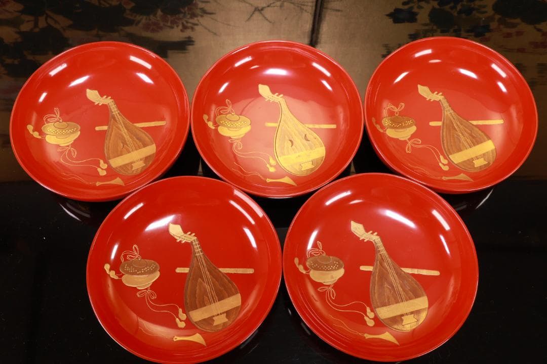 BK106　時代輪島塗　雅楽楽器図金蒔絵　吸物椀　五客　木製　懐石 会席 菓子