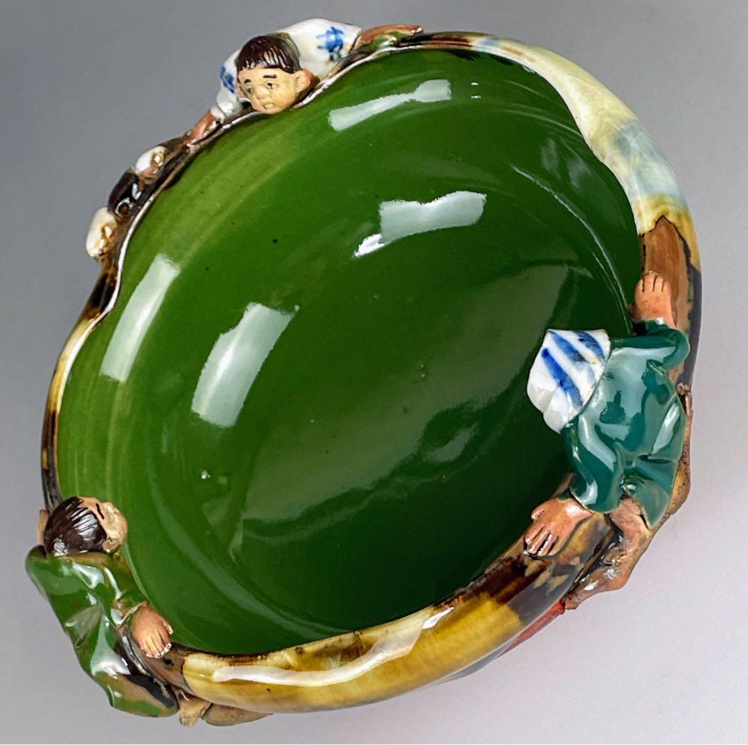 隅田焼 井上良斎 高浮彫人物立体造形焼物 明治期 ボウル トレイ 深皿 鉢