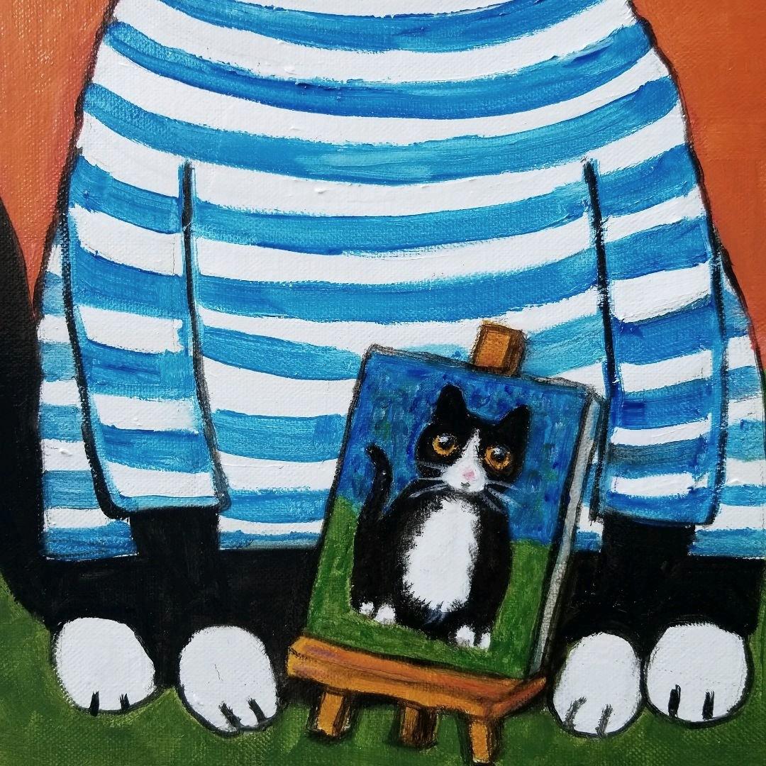油絵 　専用　バスクシャツを着て自画像を描く猫