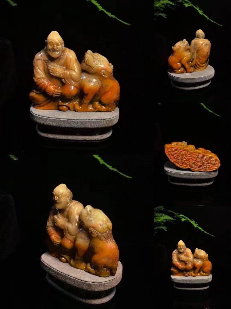 中国古美術・瑞獣羅漢の印鑑・寿山石三彩水晶田黄・置物・純手彫り・風水開運・文房具