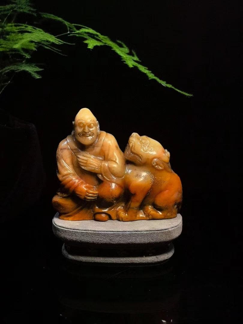 中国古美術・瑞獣羅漢の印鑑・寿山石三彩水晶田黄・置物・純手彫り・風水開運・文房具