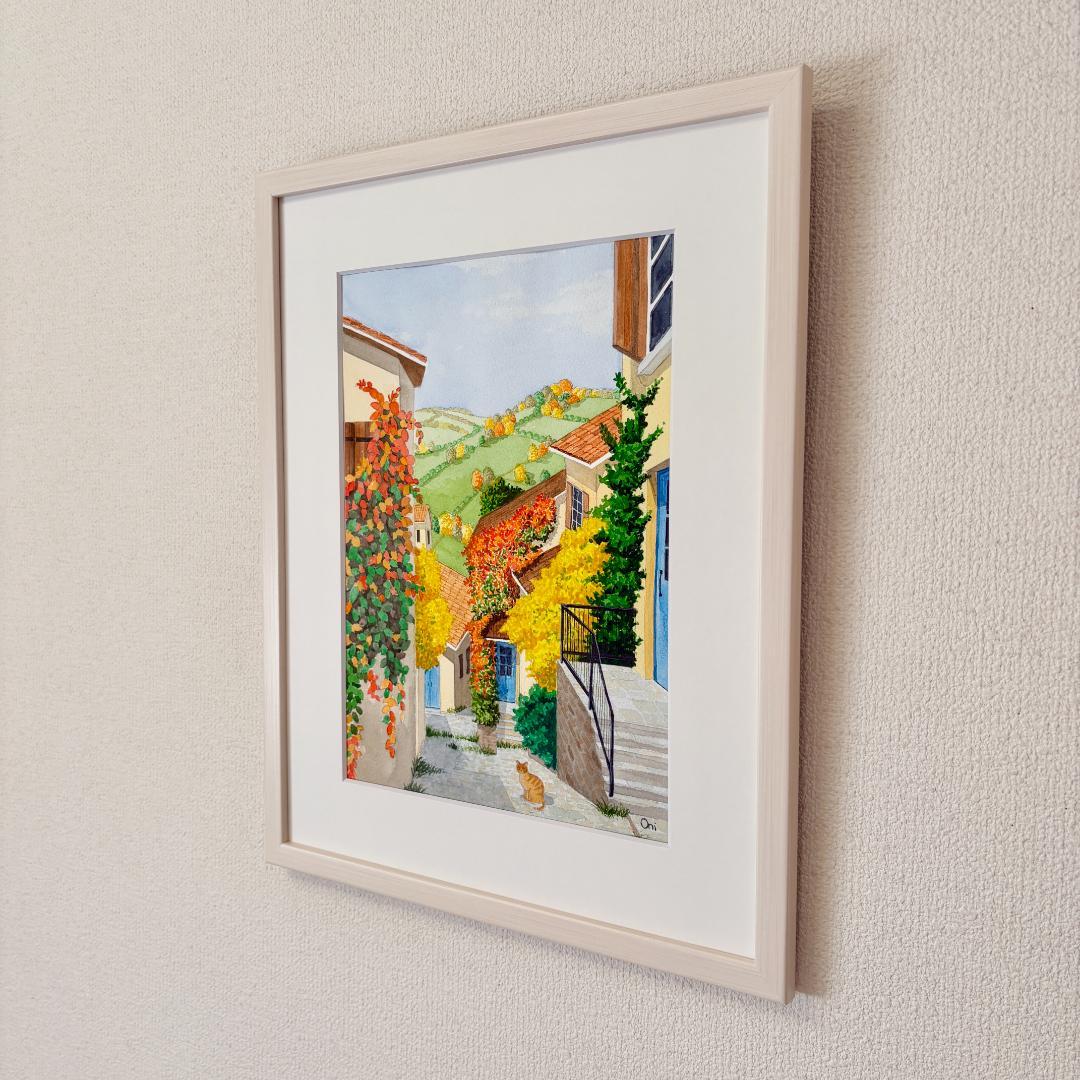 透明水彩画　原画　「オータムヴィレッジ02」額縁付き　F4サイズ　風景画