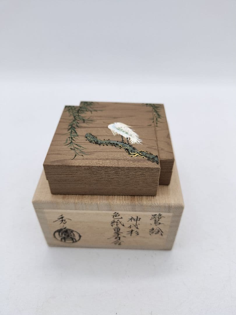 c639 香合 神代杉 鷺に柳 色紙重 中谷秀斉 木箱 茶道具 古物