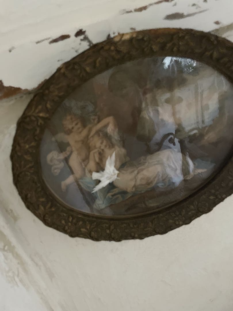 フランスアンティーク　オーバル　絵画　フレーム　額装　天使　エンジェル　森