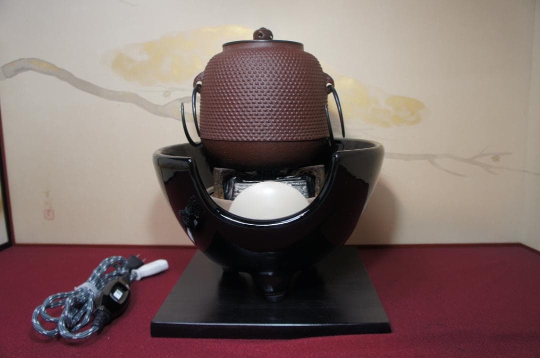 ☆ 創巧野々田 真塗風炉(紅鉢型)電熱器 在銘霰地紋棗釜 他フルセット送料込み