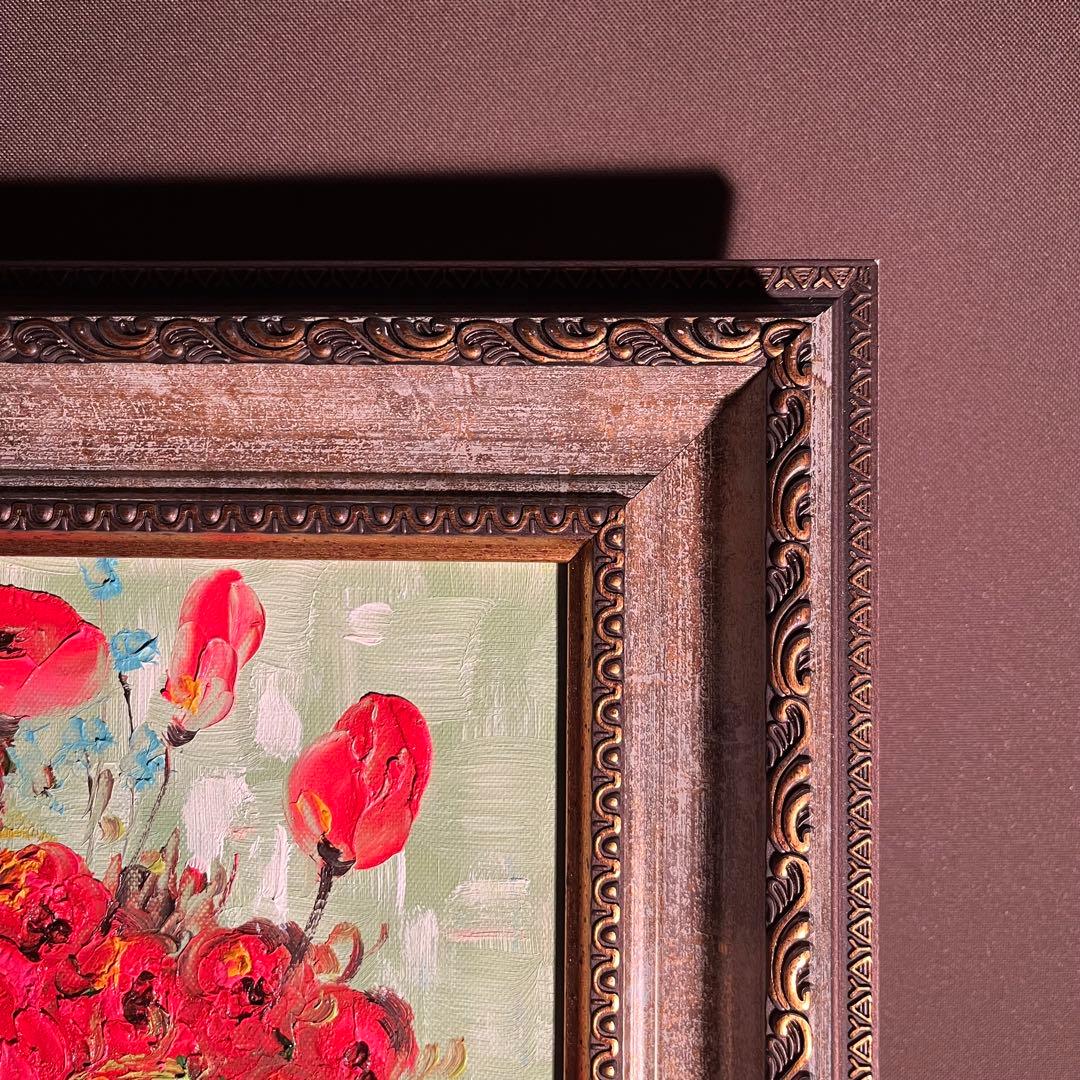 手書き油絵 ゴッホ 赤いヒナゲシとヒナギク 額付 絵画 インテリア 油彩画