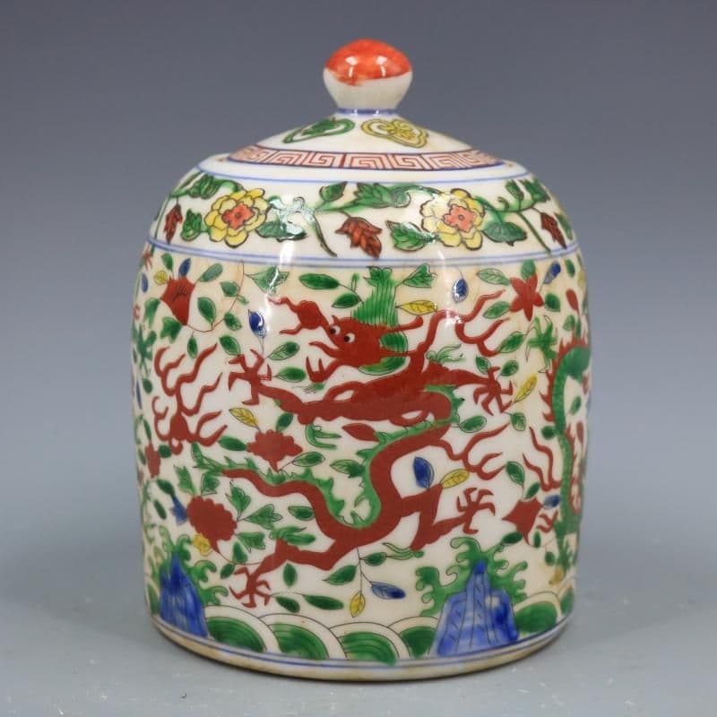 青花五彩着花竜紋蓋缶 景徳鎮 陶磁器 装飾品 現代工芸品 美術品 置物