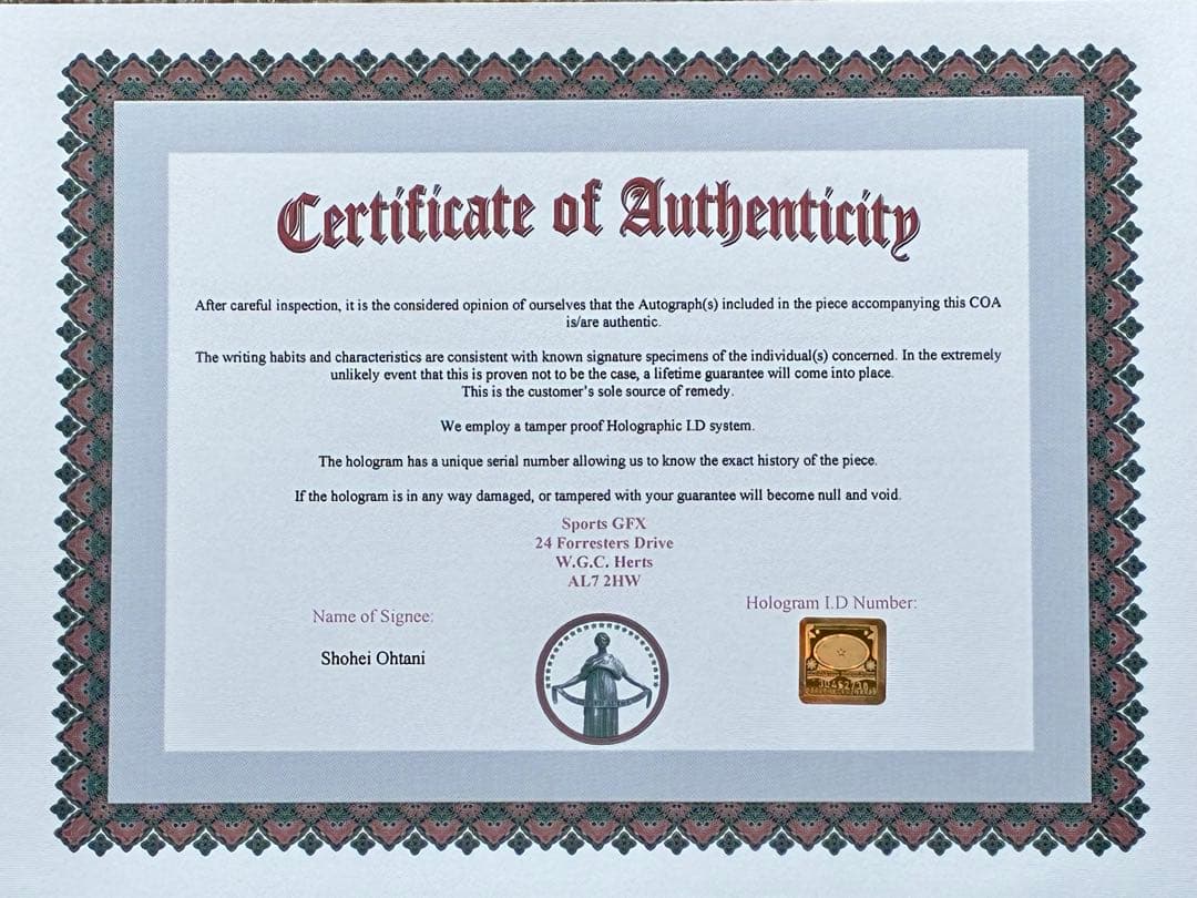 貴重！新品未使用！大谷翔平　　　　直筆サイン入フォト保証書付き　　　ドジャース
