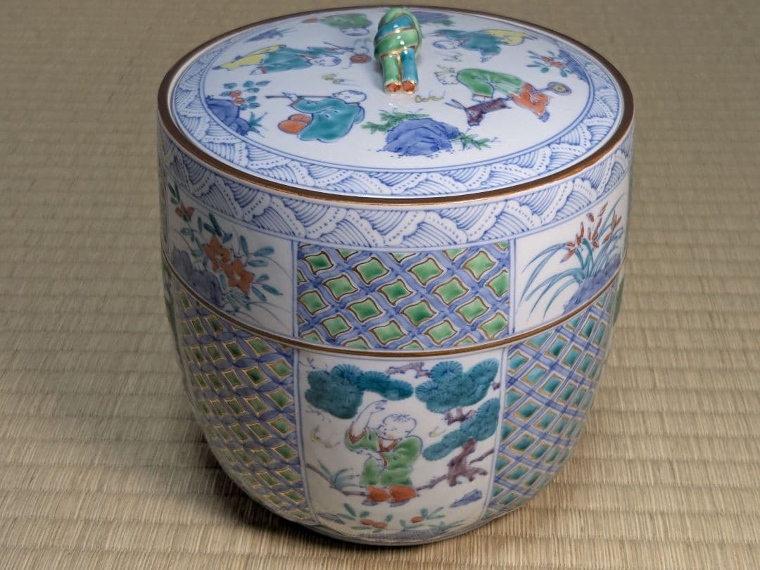 【上作】色絵唐子之図水指　高野昭阿弥　京焼