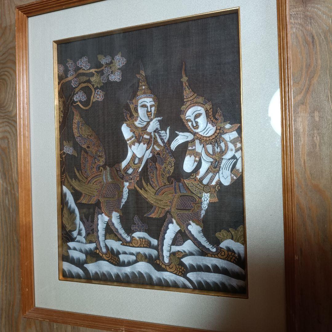 刺繍 額装 東南アジア 舞踊人物 52×63cm 手刺繍 民族工芸