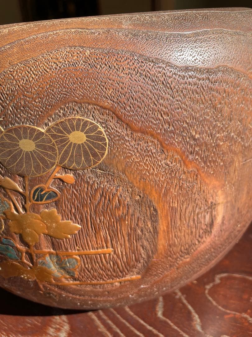 希少　木製火鉢 金箔装飾 花柄デザイン　１００年前　骨董品