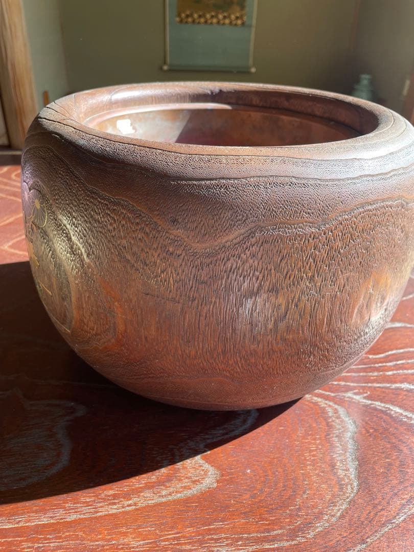 希少　木製火鉢 金箔装飾 花柄デザイン　１００年前　骨董品