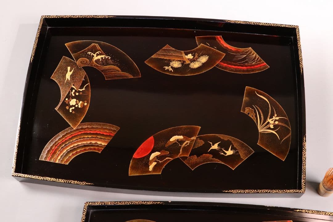 時代 広蓋 二枚組 59.1cm 扇面めでた図蒔絵 長方盆 木製【MA278】