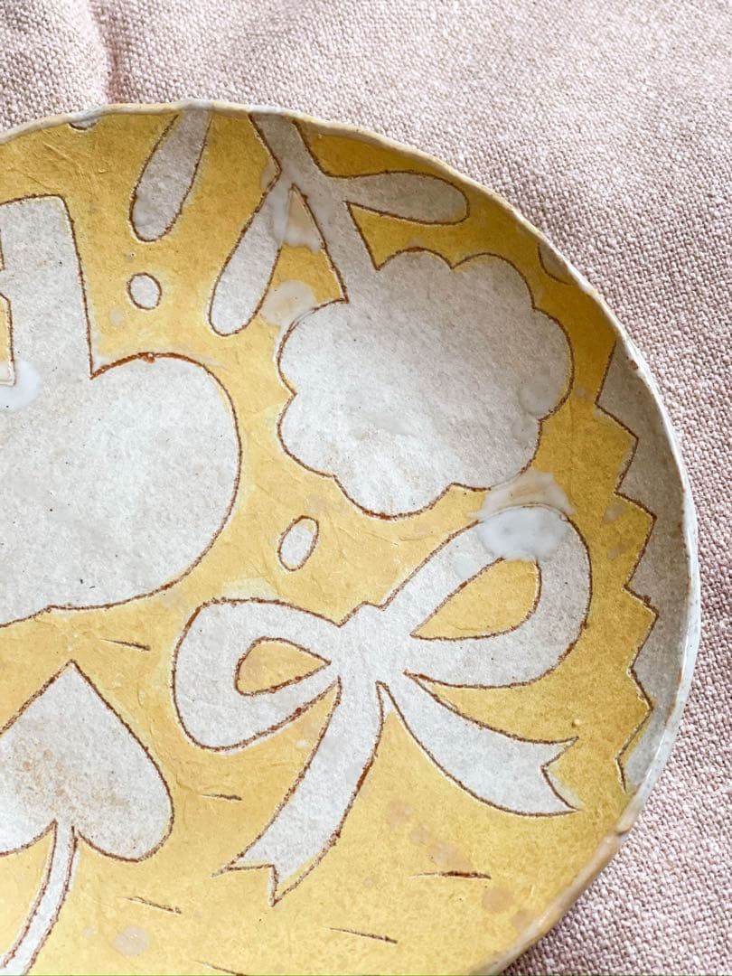 未使用【鹿児島睦】りんごと花 リボン プレート 黄 16.5cm｜限定・個展作品