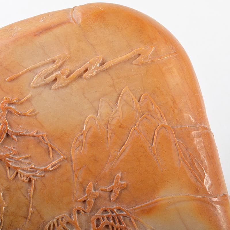 中国　玉石彫刻　山水人物刻　置物　時代箱付　M　R5736