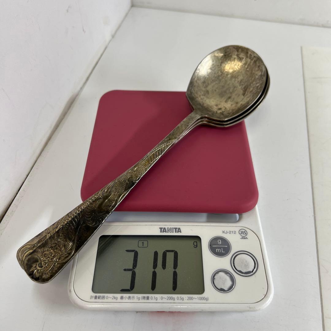 中国古玩　シャム銀　大さじ3点　317g/24.5㎝　東Y7-0630②