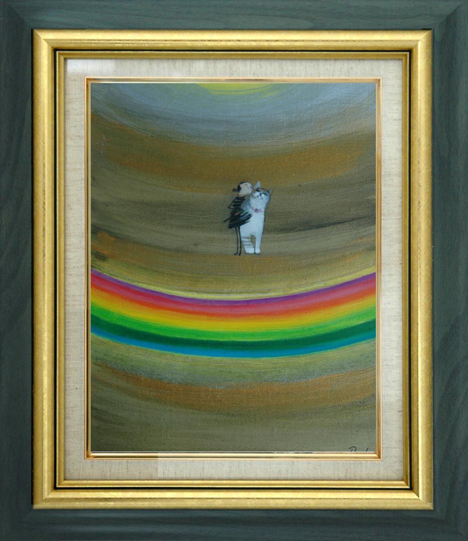 油絵 菅家令子 絵 絵画インテリア額付(白) F3-030919 子猫子犬女の子