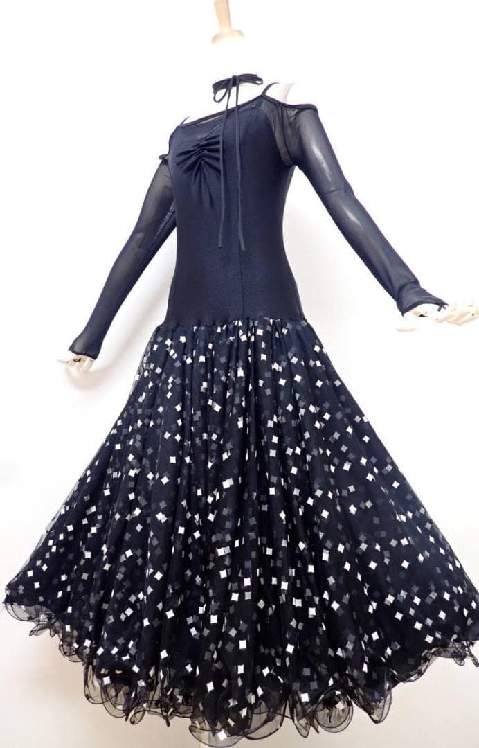 B1584★美品★M★黒/オフ白/ワンピース/スタンダードドレス☆社交ダンス