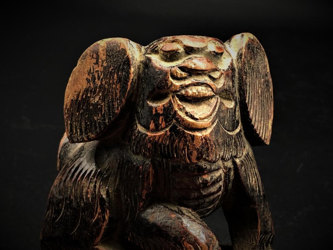 【 木彫玉獅子 元～明代 】　木鼻/柱頭　鑑定蝋印付　中華古玩　　L0205C