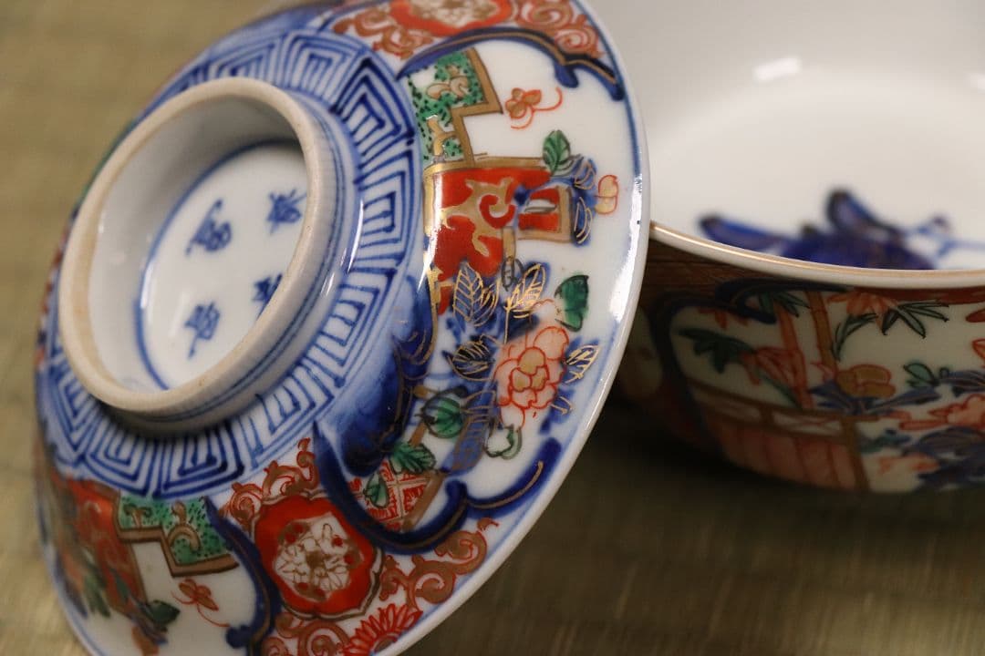 明治期 伊万里焼 冨貴長春 色絵蓋茶碗 五客 牡丹 草花 時代【CM54】