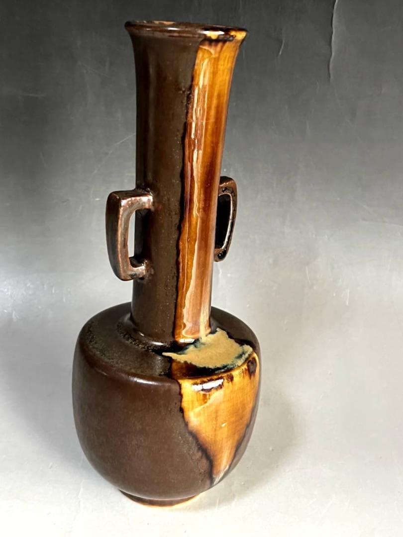 花瓶■百華釉 膳所焼 淡海せこ 陽炎園 古い花器 花入れ 耳付き 陶印 鶴首■