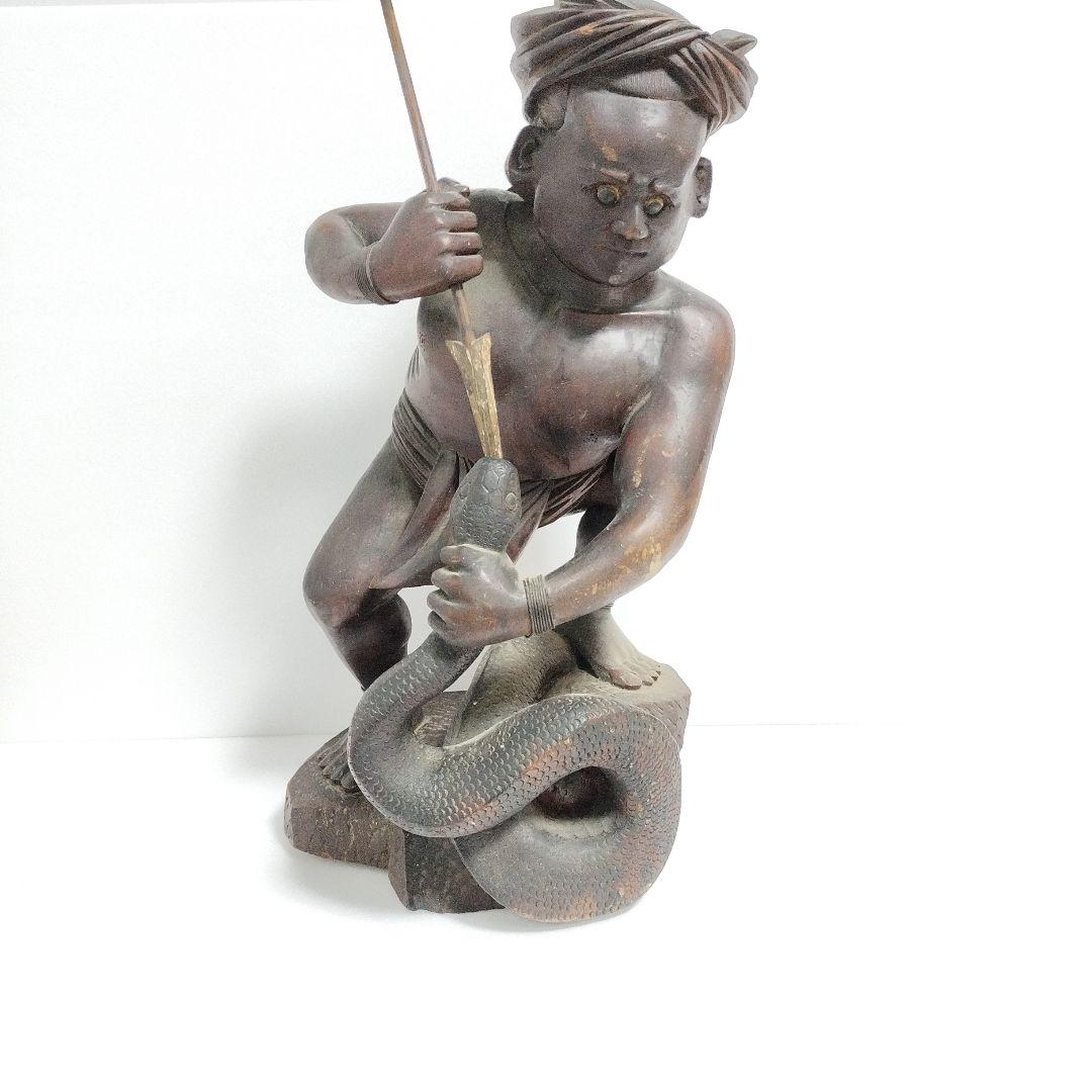 アフリカンアート 木製少年と蛇の彫刻 約43cm