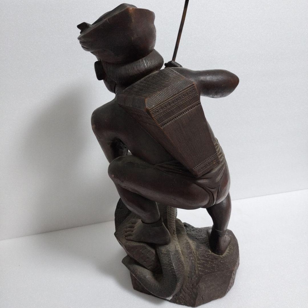 アフリカンアート 木製少年と蛇の彫刻 約43cm