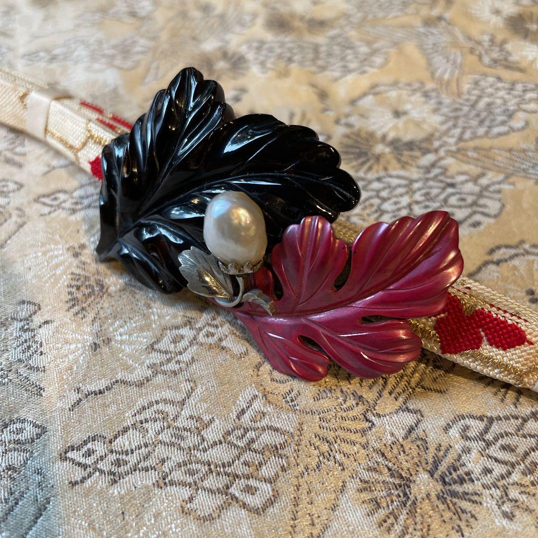 アール・デコ帯留　鼈甲　彫金　銀　真珠