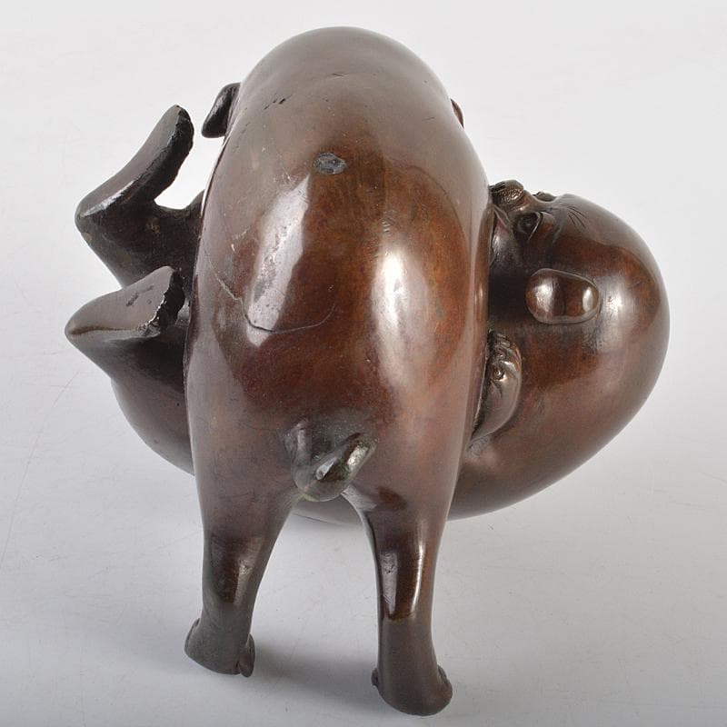 明治金工　古銅　子犬　双犬　置物　G　R6994