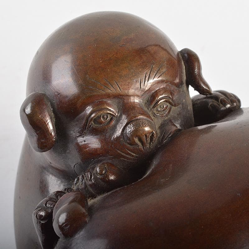 明治金工　古銅　子犬　双犬　置物　G　R6994