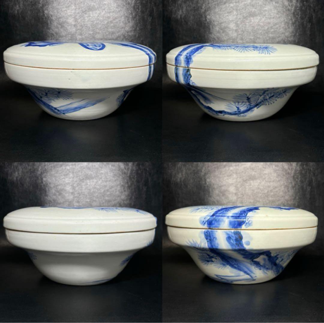 江戸期 古伊万里 染付！良き図柄！松に鷹(鷲)図！蓋物/喰籠 1点！