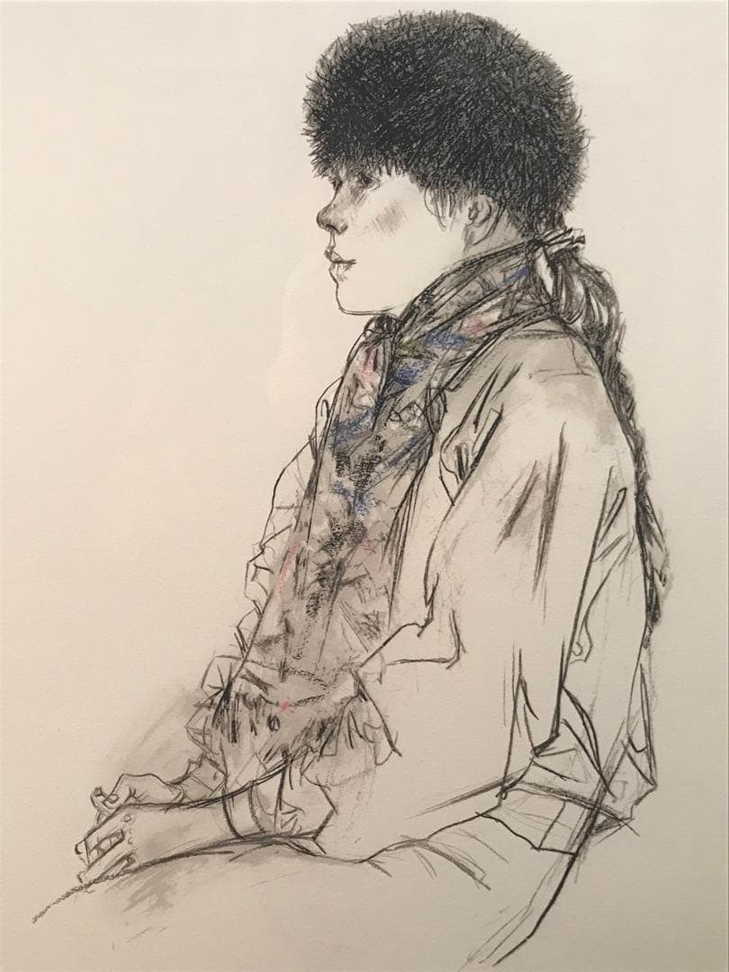 佐藤忠良「冬帽子(或る日の女Ⅰ)」リトグラフ＋手彩色直筆サイン・作品証明シール有