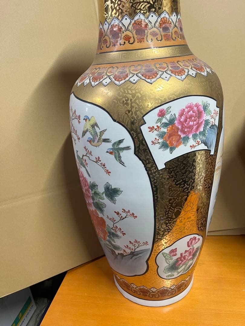 鶴と花の陶器花瓶 アンティーク　花生　中国