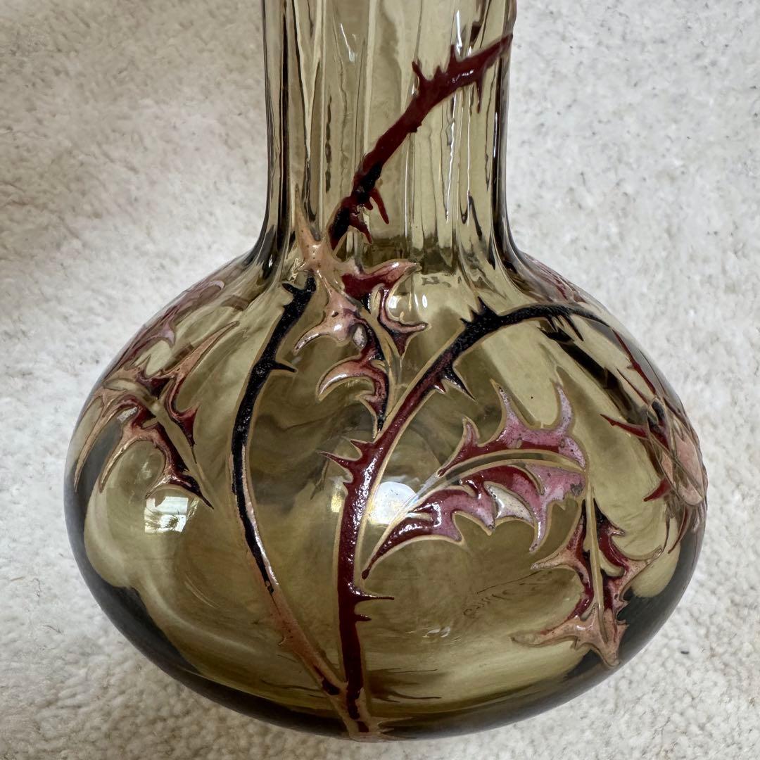 本物保証 エミール•ガレ エナメルガラス花瓶 約1890年 骨董 稀少品 共箱