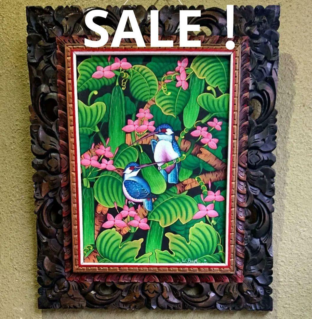 大きめ バリアート プンゴセカン バリ島 絵画 自然 鳥 花 アート カワセミ