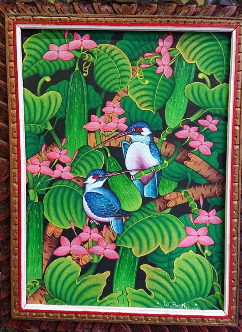 大きめ バリアート プンゴセカン バリ島 絵画 自然 鳥 花 アート カワセミ