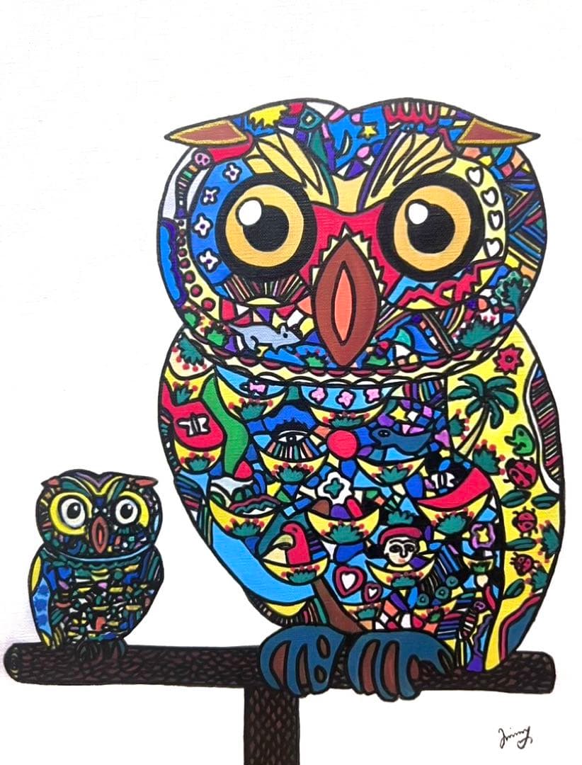 SALE【F6号】ジミー大西（フクロウ）手描き/表裏サイン有り/油彩/アクリル