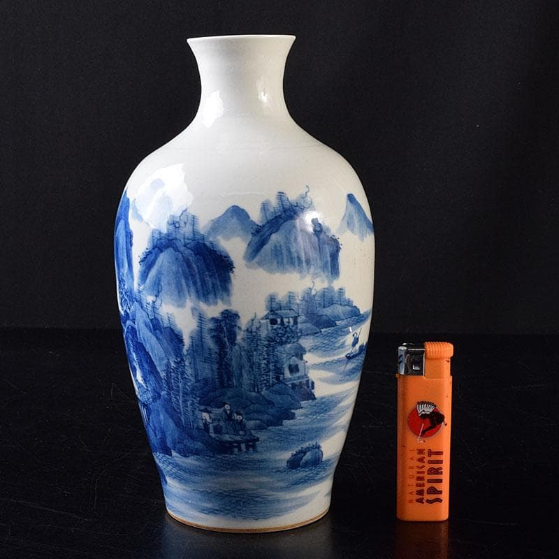 中国　大清康熙年製　青花　山水人物文　花瓶　壷　時代箱　M　R8748