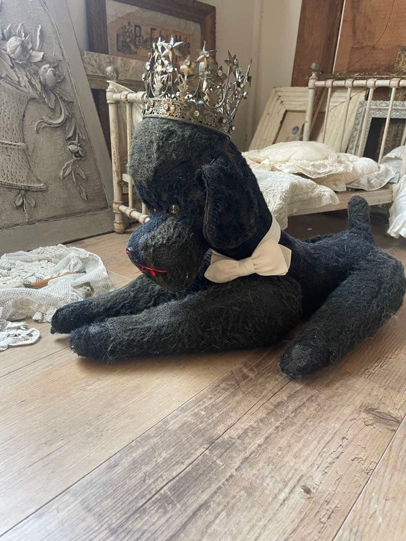 フランスアンティーク　黒　プードル　犬　ぬいぐるみ　アンティークベア　のお友達に