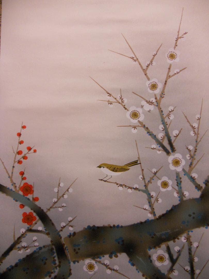 掛け軸 渓月 梅に鶯 絹本 希少 軸装 茶道具 掛軸 美品 です。