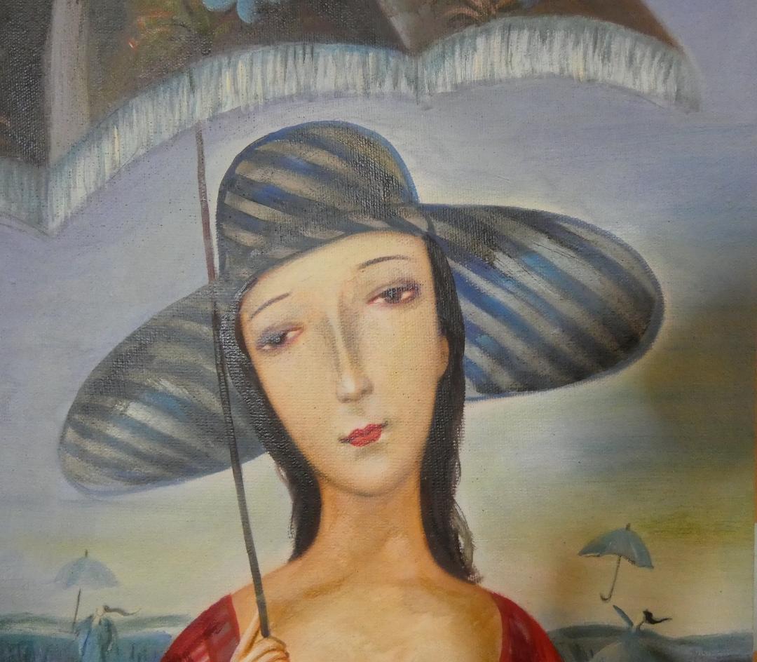 油絵　額付き　斎藤真一　 F6 【　日傘　】手描き