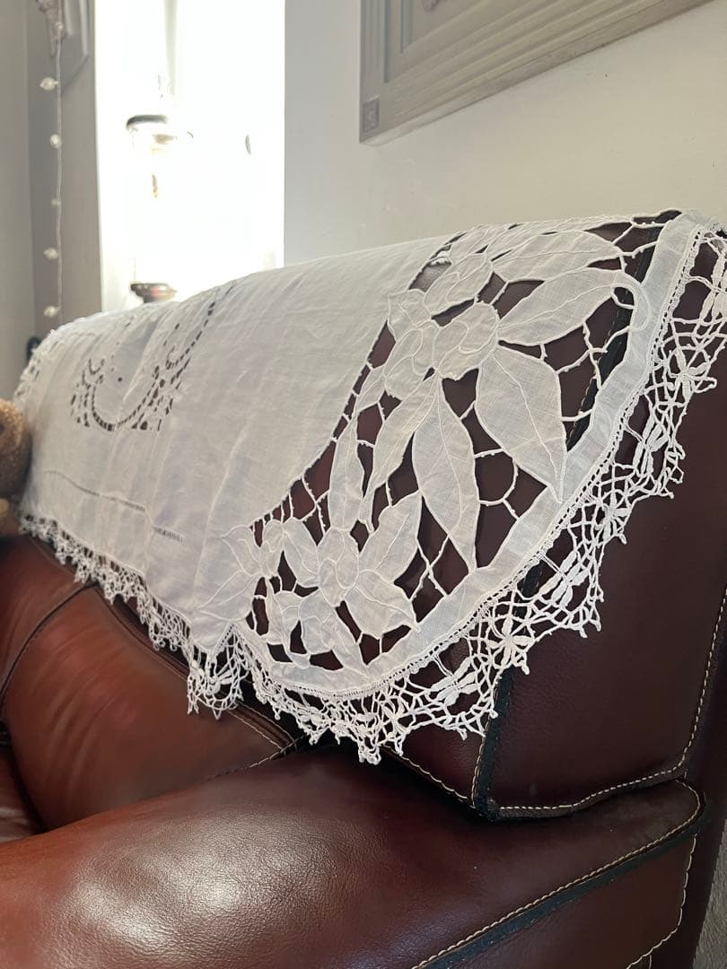 ◆フランスアンティーク｜大判手刺繍ボビンレースロングマルチクロスエンブレム長方形