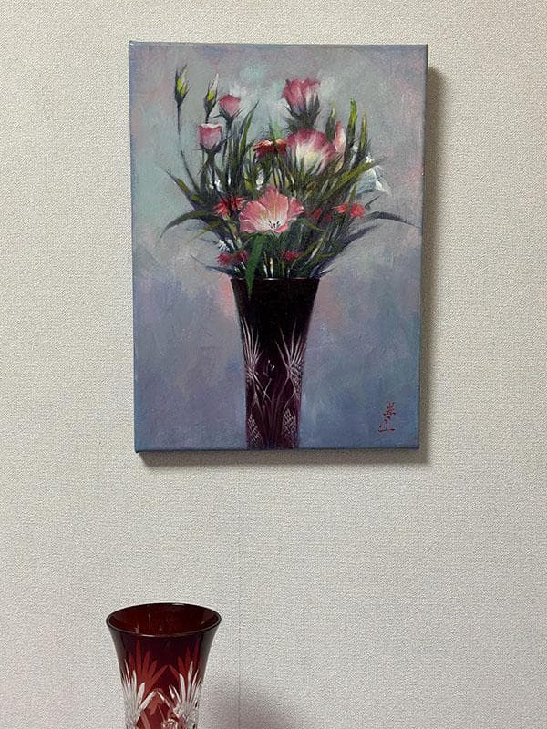 アクリルアート「赤い江戸切子と桔梗、撫子」１点物、手描き、真筆。