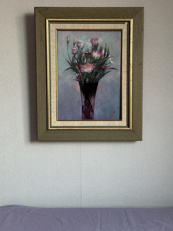 アクリルアート「赤い江戸切子と桔梗、撫子」１点物、手描き、真筆。