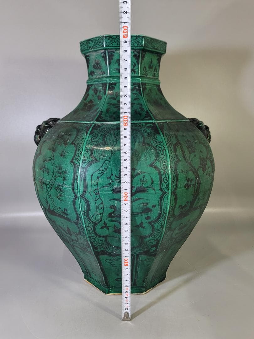 古い 中国 緑釉 獣耳 六角 瓶 高さ 39.5ｃｍ DT621