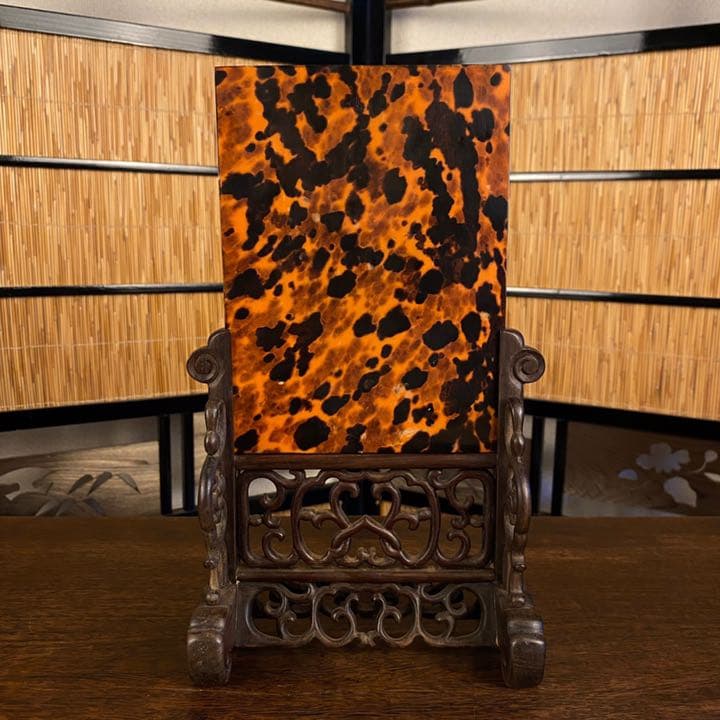 玳瑁雕诗文插屏　骨董品　古美術　置物　鼈甲　彫刻　工芸品