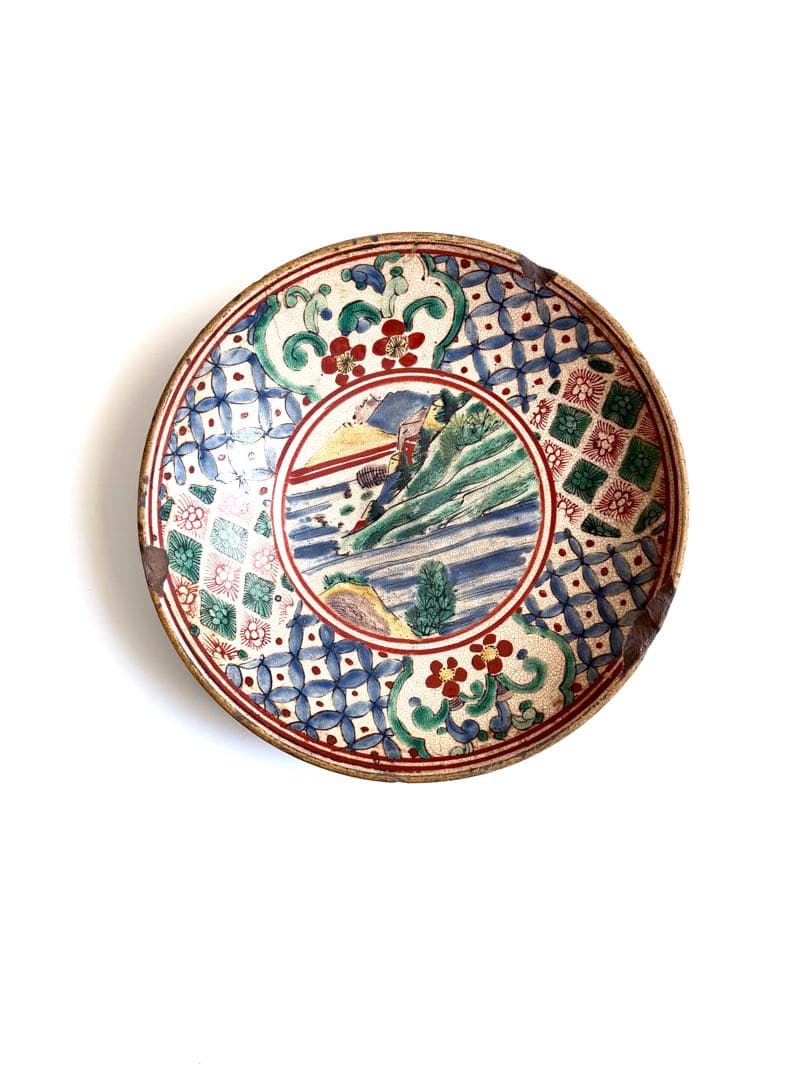 古九谷焼【骨董品/幕末】希少 色絵 山水花紋 深皿 深鉢 青九谷 古美術