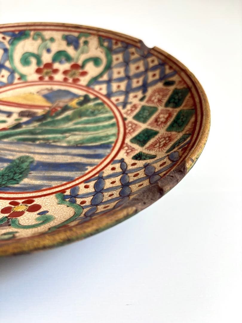 古九谷焼【骨董品/幕末】希少 色絵 山水花紋 深皿 深鉢 青九谷 古美術