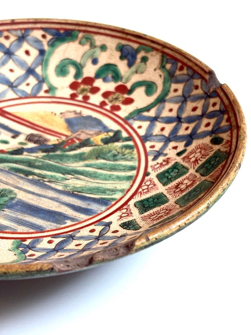 古九谷焼【骨董品/幕末】希少 色絵 山水花紋 深皿 深鉢 青九谷 古美術